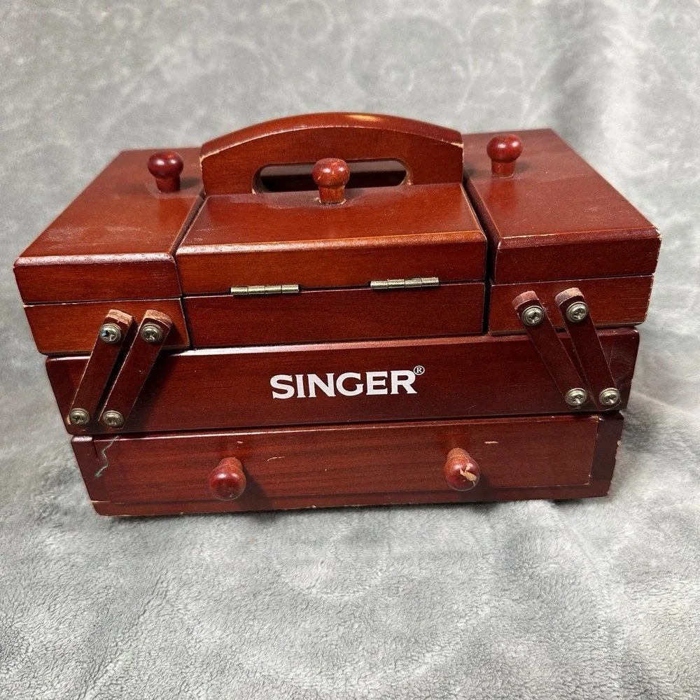 Vintage Singer Wooden Sewing Box Accordion Fold Out Caddy With Lots Of Supplies